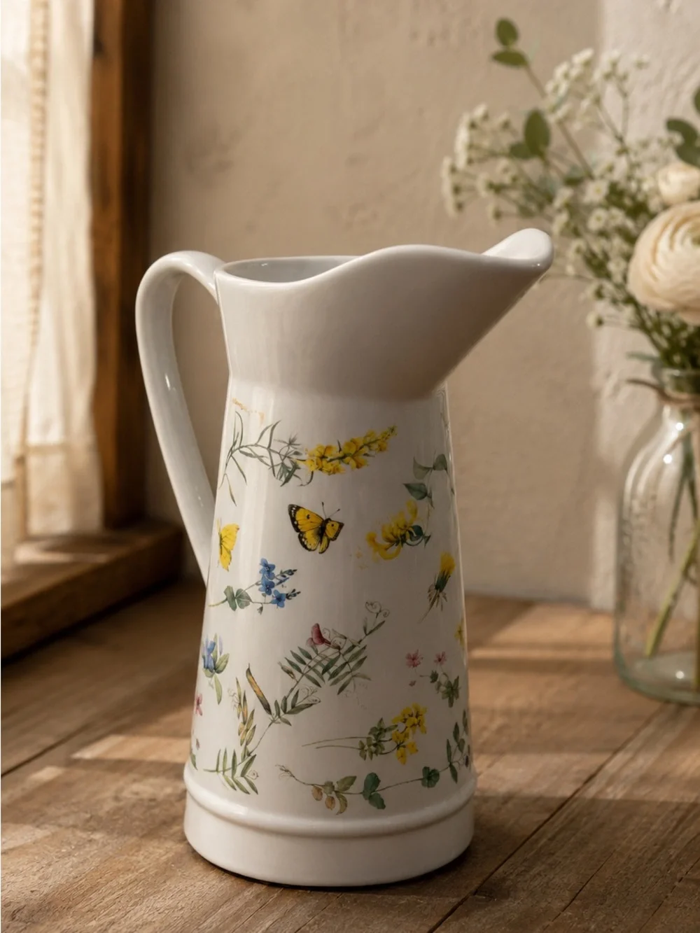 Marjolein Bastin Hallmark Ceramic Floral Pitcher Butterfly Wildflower Vase 1999
